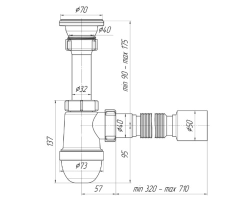 Сифон для кухонной мойки АНИ C0110,  1 1/2"*40 с гибкой трубой 40*50 АНИ пласт